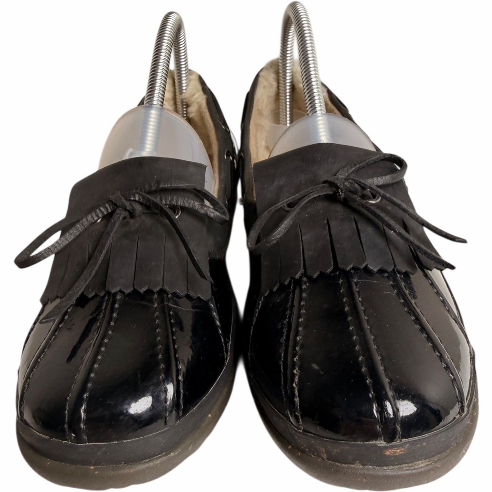 UGG Haylie Duck Shoes Black Patent Leather Suede Kiltie Tassel Loafers Womens 8 - Picture 10 of 11